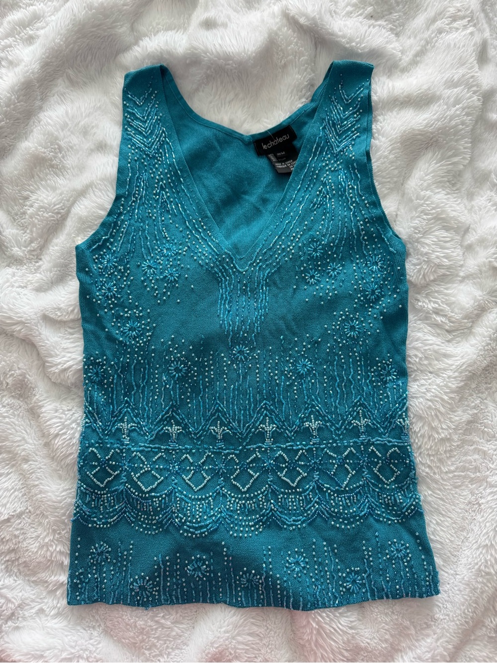 le chateau Teal Turquoise Beaded V-Neck Sleeveless Tank Top
